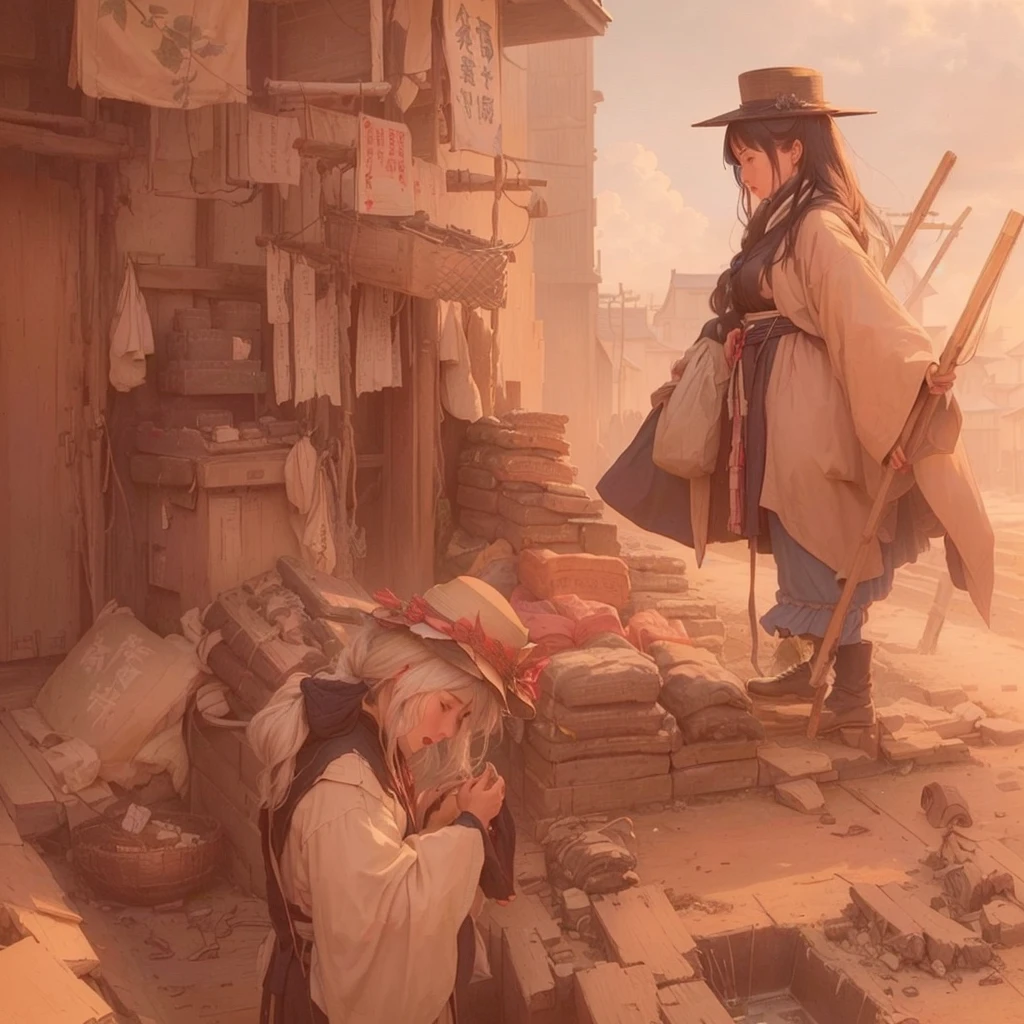 A painting of a woman in a long coat and hat standing in an abandoned town, Gwaiz, artwork in the style of Gwaiz, Beautiful artwork illustration, Jan J, by Kamisaka Sekka, by Han Gan, Sosei, illustration concept art, Gwaiz on pixiv artstation, by KamagurukaBlazing flames, fire, crowd, throng, freezing, mother warming her baby.Scenery and Cityscape in the Early Meiji Era After the Meiji Restoration, Japan underwent rapid modernization and civilization. Consequently, many changes and reforms occurred. Below is a detailed explanation of the scenery, appearance of the poor, occupations, and cityscapes in the early Meiji period (1868 to the early 1880s). 2. Appearance of the Poor Life for the impoverished and lower classes remained harsh. In particular, in urban areas, people migrated from rural areas or unemployed artisans gathered, intensifying competition in the labor market. Many of them struggled with poverty, often residing in slums or around temples. 3. Occupations Meiji early Japan witnessed a diversification of occupations. Traditional agriculture and handicrafts were accompanied by the rise of modern industry and commerce. Particularly in urban areas, factory workers, shop clerks, and transporters increased, giving rise to new professions. However, many in these occupations endured harsh working conditions. 4. Influence of Civilization and Enlightenment During the Meiji era, Western cultural influences spread rapidly. Changes in clothing, dietary habits, and the proliferation of Western-style architecture advanced, especially in urban areas. Conversely, this development posed a threat to traditional culture and lifestyles, resulting in societal upheaval and adaptation challenges. 5. Social Change and Policy Influence While promoting modernization policies, the government also addressed poverty and social issues. Legislation for labor protection and charitable activities to aid the poor were implemented. Nevertheless, living conditions for the impoverished scarcely improved. The early Meiji period marked a rapid transformation in Japan, with comple