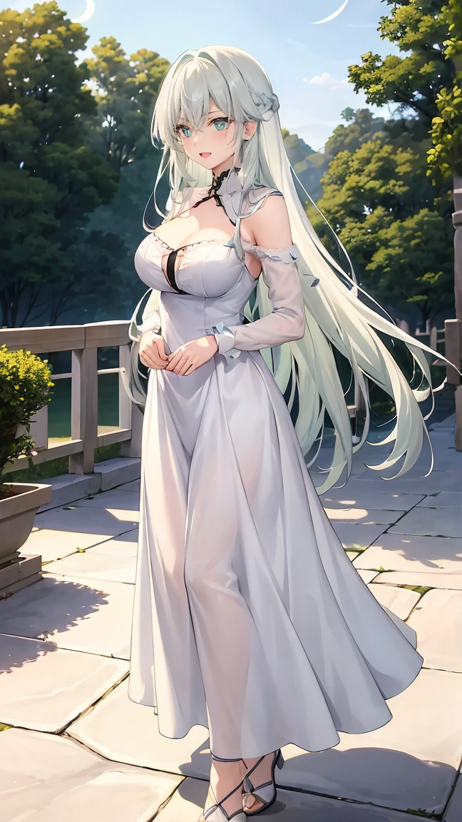 Girl with long green hair,Inner color and white hair、 Beautifully shaped breasts with tension, Green Eyes, Moonlight、moonlight、White Casual Beauty Special、、、,Full body photo from head to toe、Proud expression、Older sister、Bold personality、Innocent、Emotionally rich facial expressions、(Jump and be under air)、