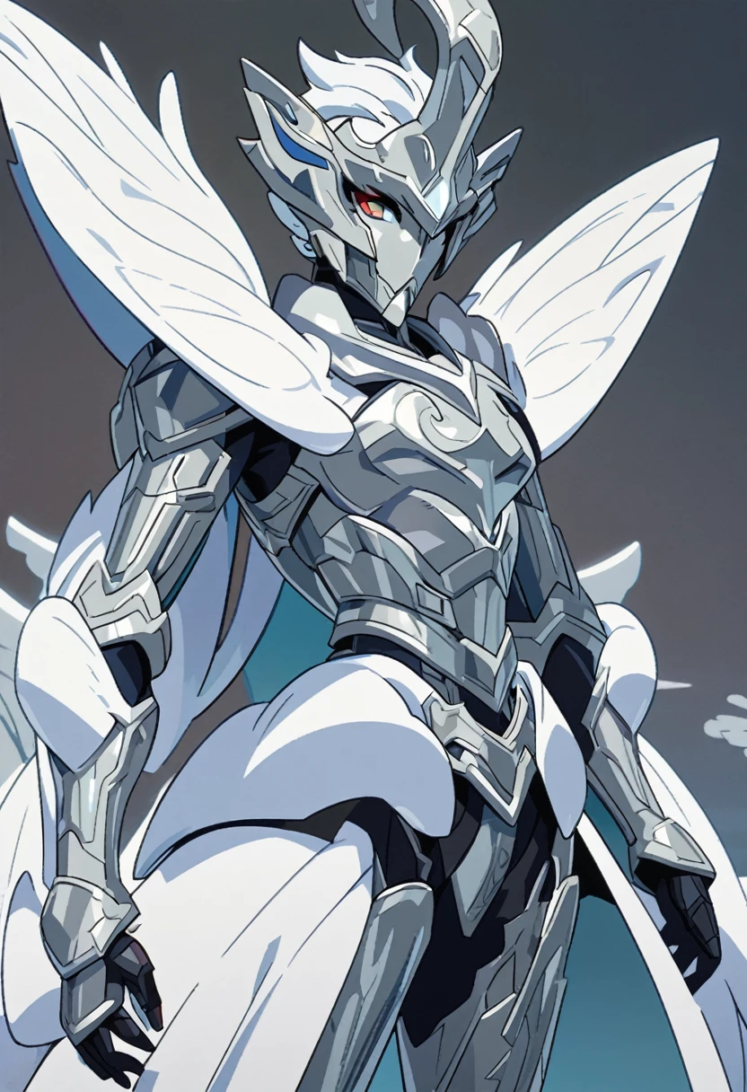 A young man with a silver metallic machine body, Cel animation style, Swan carvings are designed into the armor., I can see your real face, Armor in the shape of a swan's wing, (((A man with long yellow blonde hair))), Long Hair, Silver armor over blue clothes, Super beautiful image quality, Professional painter, Highest quality, 18-year-old,