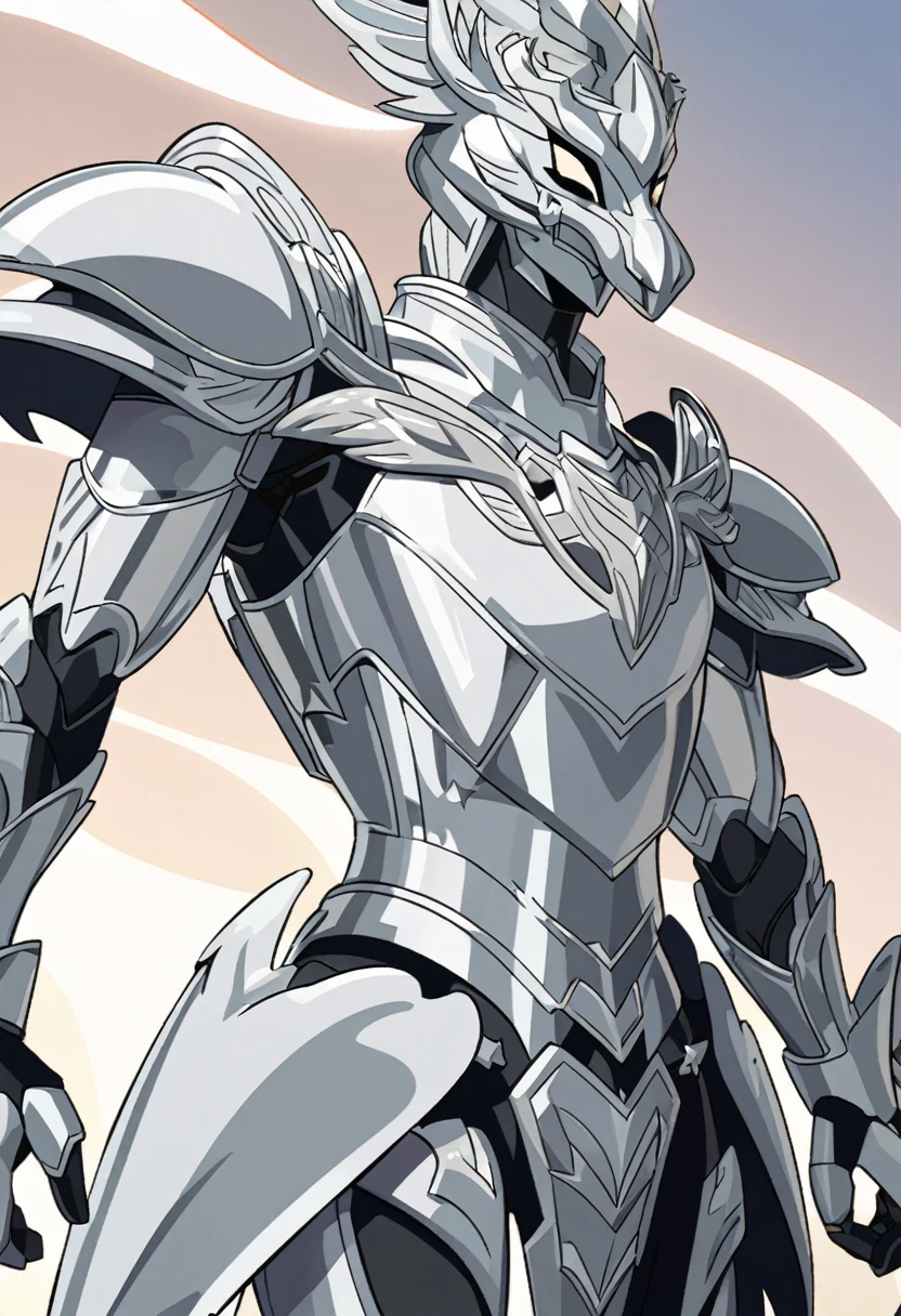 A young man with a silver metallic machine body, Cel animation style, Swan carvings are designed into the armor., I can see your real face, Armor in the shape of a swan&#39;s wing, (((A man with long yellow blonde hair))), Long Hair, Silver armor over blue clothes, Super beautiful image quality, Professional painter, Highest quality, 18-year-old,