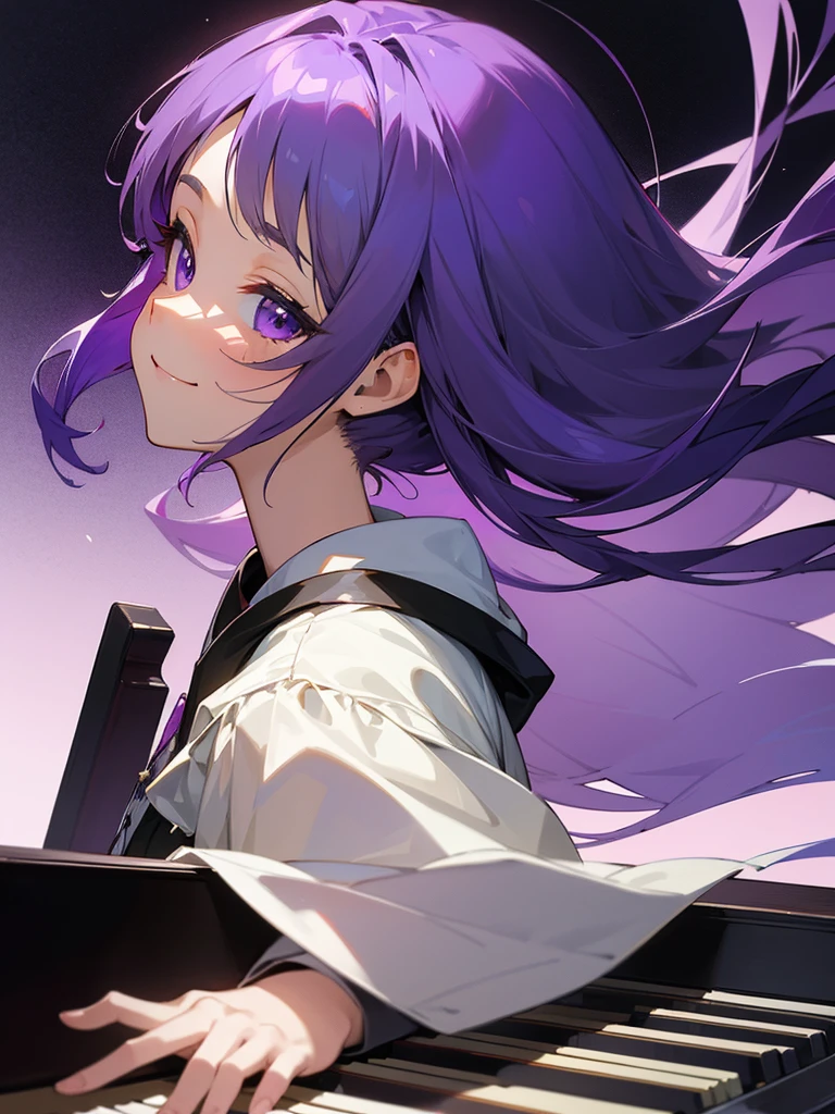 masterpiece、最高masterpiece、anime、Purple Hair、Purple eyes、 girl、smile、Grand piano🎹、She's wearing cute silver earrings、Upper Body、profile