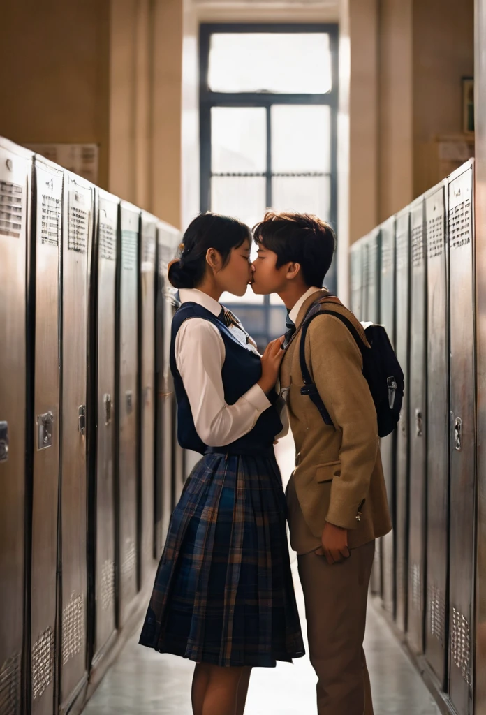 A heartwarming moment between two young adults, both 20 years old, who exude an undeniable cuteness as they share an intimate kiss within the familiar setting of their school. The boy, with a soft smile and gentle eyes, is dressed in a traditional  that includes shorts that fall just above the knee, showcasing his toned legs. His shirt is sleeveless, revealing his biceps, which are slightly tanned from playing under the sun during recess. His hair is styled in a way that adds to his boyish charm, and his school tie is loosely knotted around his neck, hinting at the warm weather outside. He wears a pair of mid-length socks that are folded down to reveal a hint of bare skin above his ankles. His partner, equally as endearing, presents a more feminine look with her  skirt that gracefully sways around her thighs, creating an elegant silhouette. Her sleeveless shirt is tucked in neatly, and her thigh-high socks are a matching shade of blue that complements the color scheme of their uniforms. Her hair is styled in loose waves that frame her delicate features and soft blush cheeks. The two stand in the middle of a hallway, surrounded by lockers and posters of school events, their bodies leaning into each other as they express their affection. The lighting is soft and natural, casting a warm glow that emphasizes the genuine love between them. Their schoolmates are blurred in the background, going about their day, unaware of the tender scene unfolding before them. The image captures the pure essence of young love, transcending gender norms and societal expectations, as they embrace each other in a heartfelt display of affection that speaks volumes about their deep connection. The scene is filled with innocence and a sense of liberation as they stand together, proud and unashamed, in the environment where they have grown and learned to accept themselves.