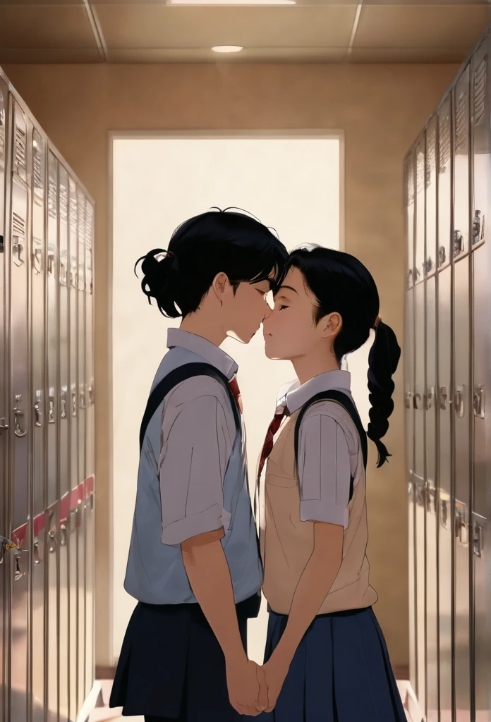 A heartwarming moment between two young adults, both 20 years old, who exude an undeniable cuteness as they share an intimate kiss within the familiar setting of their school. The boy, with a soft smile and gentle eyes, is dressed in a traditional that includes shorts that fall just above the knee, showcasing his toned legs. His shirt is sleeveless, revealing his biceps, which are slightly tanned from playing under the sun during recess. His hair is styled in a way that adds to his boyish charm, and his school tie is loosely knotted around his neck, hinting at the warm weather outside. He wears a pair of mid-length socks that are folded down to reveal a hint of bare skin above his ankles. His partner, equally as endearing, presents a more feminine look with her skirt that gracefully sways around her thighs, creating an elegant silhouette. Her sleeveless shirt is tucked in neatly, and her thigh-high socks are a matching shade of blue that complements the color scheme of their uniforms. Her hair is styled in loose waves that frame her delicate features and soft blush cheeks. The two stand in the middle of a hallway, surrounded by lockers and posters of school events, their bodies leaning into each other as they express their affection. The lighting is soft and natural, casting a warm glow that emphasizes the genuine love between them. Their schoolmates are blurred in the background, going about their day, unaware of the tender scene unfolding before them. The image captures the pure essence of young love, transcending gender norms and societal expectations, as they embrace each other in a heartfelt display of affection that speaks volumes about their deep connection. The scene is filled with innocence and a sense of liberation as they stand together, proud and unashamed, in the environment where they have grown and learned to accept themselves.