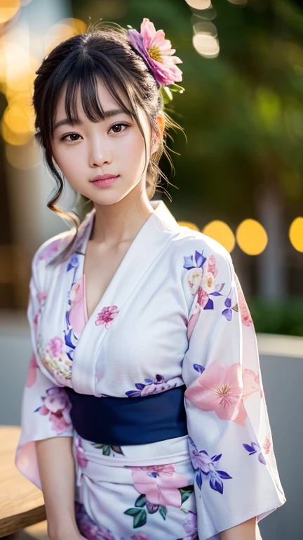 (Tabletop, Highest quality:1.4), ,The most beautiful in the world, 8k, 85mm, Absurd, (Floral Yukata:1.4), Upper body, Exposing the breasts、 Violet, Gardenias, Delicate girl, alone, night, View your viewers, Upper Body, Film Grain, chromatic aberration, Sharp focus, Face Light, Professional Lighting, Sophisticated, (smile:0.4), Cleavage, (Simple Background, Bokeh Background:1.2),