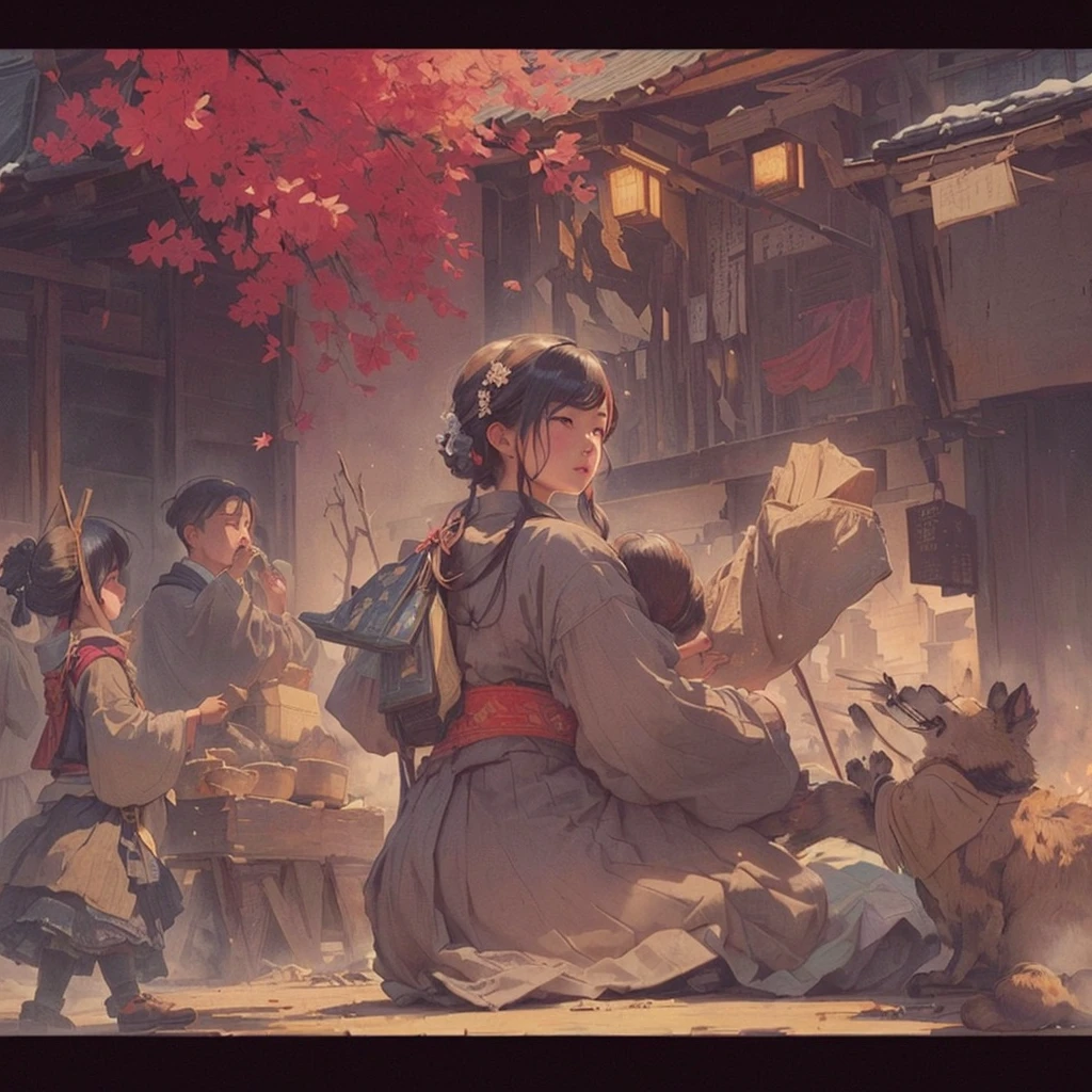 Woman sitting on the ground and a large group of people々Picture, Gwaiz on pixiv artstation, Gwaiz, Gwaiz on artstation pixiv, artwork in the style of Gwaiz, Gwaiz masterpiece, Jan J, Beautiful artwork illustration, Written by Zou Zhe, Zeng Jing Blazing flames, fire, crowd, throng, freezing, mother warming her baby.Scenery and Cityscape in the Early Meiji Era After the Meiji Restoration, Japan underwent rapid modernization and civilization. Consequently, many changes and reforms occurred. Below is a detailed explanation of the scenery, appearance of the poor, occupations, and cityscapes in the early Meiji period (1868 to the early 1880s). 2. Appearance of the Poor Life for the impoverished and lower classes remained harsh. In particular, in urban areas, people migrated from rural areas or unemployed artisans gathered, intensifying competition in the labor market. Many of them struggled with poverty, often residing in slums or around temples. 3. Occupations Meiji early Japan witnessed a diversification of occupations. Traditional agriculture and handicrafts were accompanied by the rise of modern industry and commerce. Particularly in urban areas, factory workers, shop clerks, and transporters increased, giving rise to new professions. However, many in these occupations endured harsh working conditions. 4. Influence of Civilization and Enlightenment During the Meiji era, Western cultural influences spread rapidly. Changes in clothing, dietary habits, and the proliferation of Western-style architecture advanced, especially in urban areas. Conversely, this development posed a threat to traditional culture and lifestyles, resulting in societal upheaval and adaptation challenges. 5. Social Change and Policy Influence While promoting modernization policies, the government also addressed poverty and social issues. Legislation for labor protection and charitable activities to aid the poor were implemented. Nevertheless, living conditions for the impoverished scarcely improved. The early Meiji period marked a rapid transformation in Japan, with complex social 