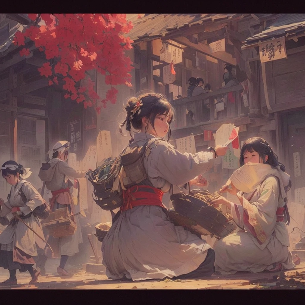 Woman sitting on the ground and a large group of people々Picture, Gwaiz on pixiv artstation, Gwaiz, Gwaiz on artstation pixiv, artwork in the style of Gwaiz, Gwaiz masterpiece, Jan J, Beautiful artwork illustration, Written by Zou Zhe, Zeng Jing Blazing flames, fire, crowd, throng, freezing, mother warming her baby.Scenery and Cityscape in the Early Meiji Era After the Meiji Restoration, Japan underwent rapid modernization and civilization. Consequently, many changes and reforms occurred. Below is a detailed explanation of the scenery, appearance of the poor, occupations, and cityscapes in the early Meiji period (1868 to the early 1880s). 2. Appearance of the Poor Life for the impoverished and lower classes remained harsh. In particular, in urban areas, people migrated from rural areas or unemployed artisans gathered, intensifying competition in the labor market. Many of them struggled with poverty, often residing in slums or around temples. 3. Occupations Meiji early Japan witnessed a diversification of occupations. Traditional agriculture and handicrafts were accompanied by the rise of modern industry and commerce. Particularly in urban areas, factory workers, shop clerks, and transporters increased, giving rise to new professions. However, many in these occupations endured harsh working conditions. 4. Influence of Civilization and Enlightenment During the Meiji era, Western cultural influences spread rapidly. Changes in clothing, dietary habits, and the proliferation of Western-style architecture advanced, especially in urban areas. Conversely, this development posed a threat to traditional culture and lifestyles, resulting in societal upheaval and adaptation challenges. 5. Social Change and Policy Influence While promoting modernization policies, the government also addressed poverty and social issues. Legislation for labor protection and charitable activities to aid the poor were implemented. Nevertheless, living conditions for the impoverished scarcely improved. The early Meiji period marked a rapid transformation in Japan, with complex social 