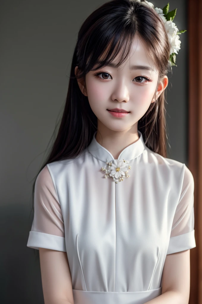 1girl, aodai white, photo art, (flower), a stunning photo with beautiful saturation, ultra high res,(realistic:1.4)),deep shadow,(best quality, masterpiece), pale skin, dimly lit, shade, flustered, blush, highly detailed, skinny, BREAK depth of field, film grain, wrinkled skin, looking at viewer, knee, warm smile, (upper body), masterpiece,ultra realistic,32k,extremely detailed CG unity 8k wallpaper, best quality