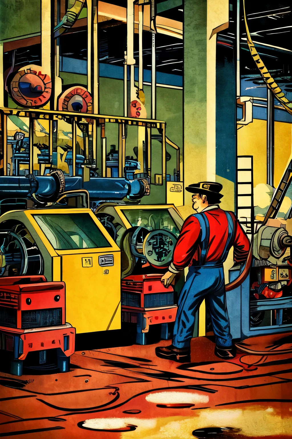 machine leaking oil in factory! vintage comic style