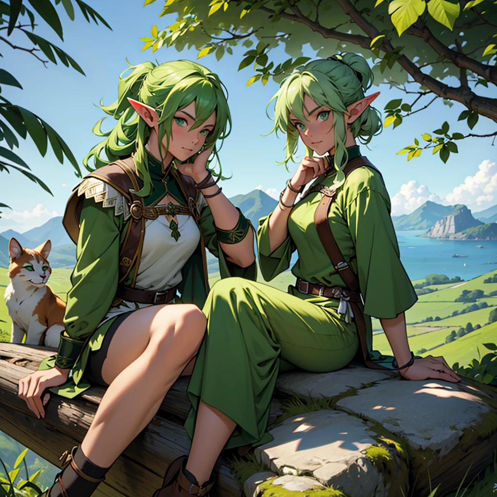 make a 31 year old elf with green hair and green eyes wearing a green archer outfit with shorts sitting on a mountain peak looking out to sea with various trees and animals by her side