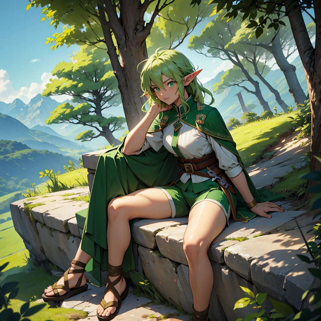 make a 31 year old elf with green hair and green eyes wearing a green archer outfit with shorts sitting on a mountain peak looking out to sea with various trees and animals by her side 