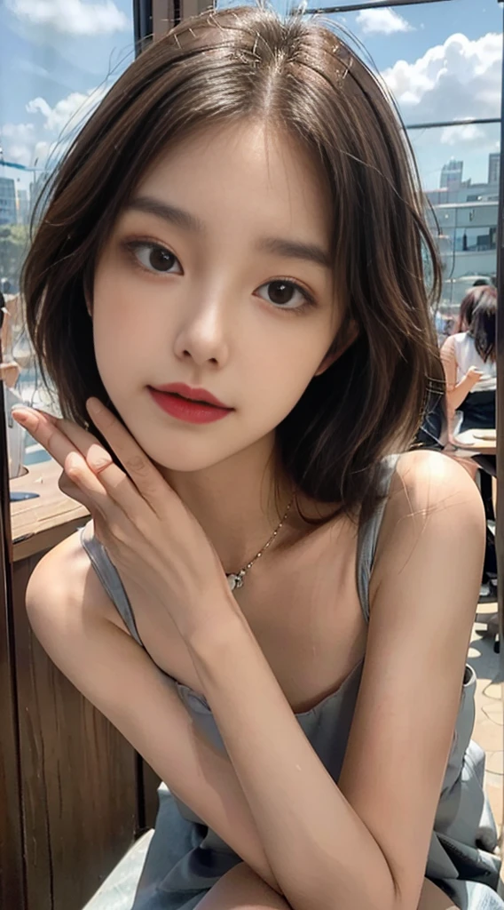 ((Best image quality, 8k, masterpiece: 1.3)), Selfie, Sharp focus: 1.2, A cute beauty with a perfect slim figure: 1.4, Slim big tits, ((Brown Hair Black)) , (Grey Dress,Highly detailed face,Happy expression,Stand on your own two feet:1.2),((City of blue sky and white clouds,At the cafe:1.3. Produced mainly by women)),Highly detailed faceと肌の質感,Detailed eyes,double eyelid