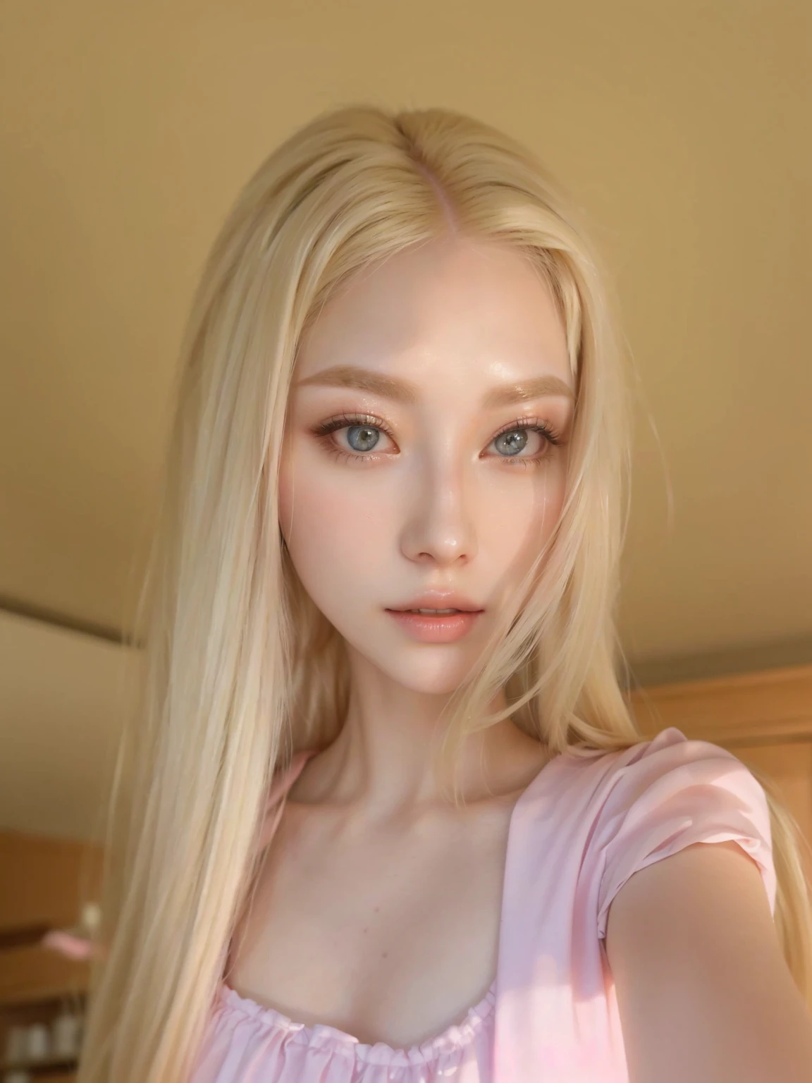 blonde girl with long hair and pink dress taking a selfie, with white long hair, with long white hair, long blonde hair and big eyes, long blonde hair and big eyes, with long blonde hair, korean, maquiagem sul-korean popular, linda mulher sul-korean, pale milky white porcelain skin, maquiagem korean popular, white hime cut hairstyle, extremely light blonde hair