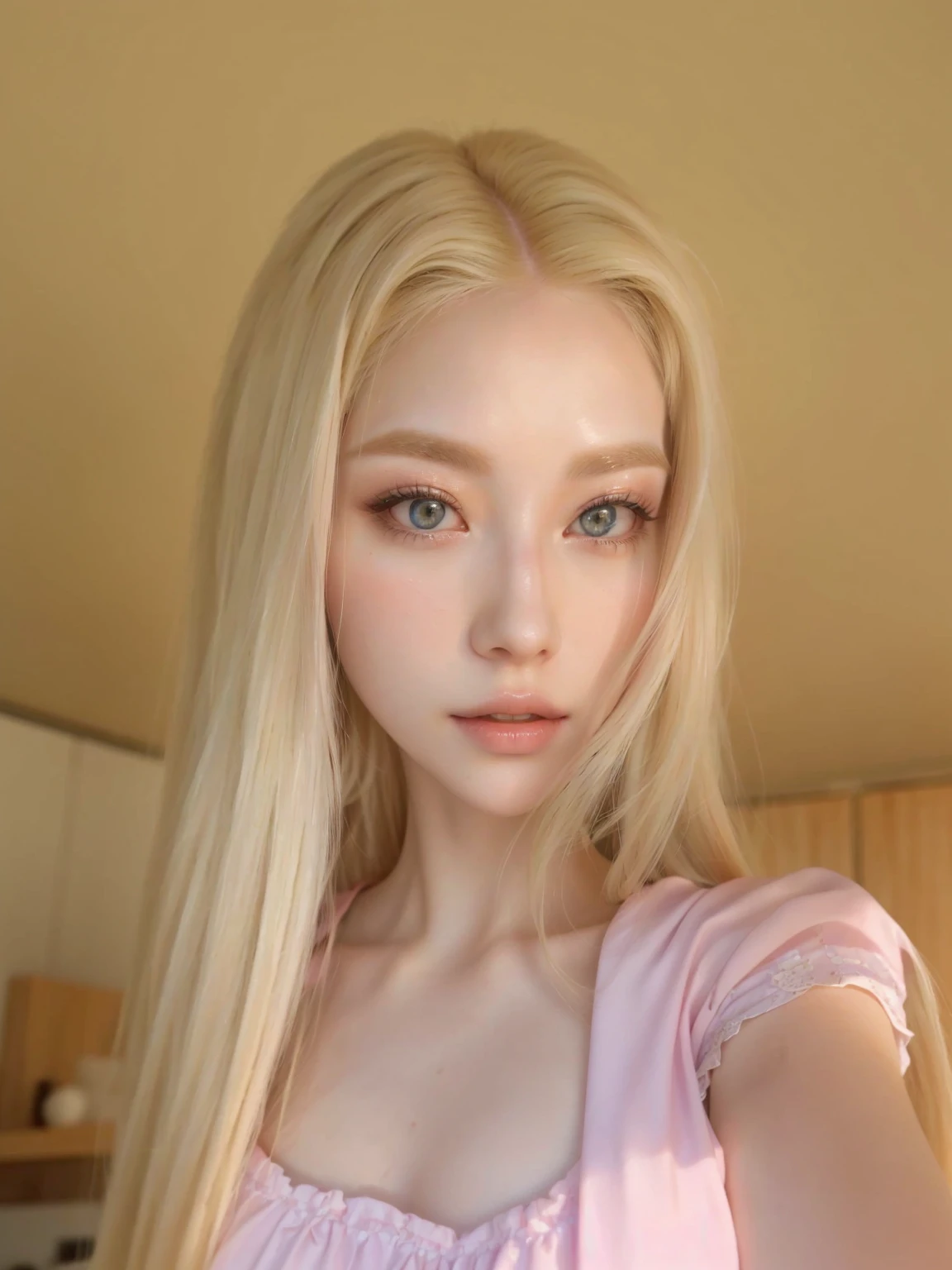 blonde girl with long hair and pink dress taking a selfie, with white long hair, with long white hair, long blonde hair and big eyes, long blonde hair and big eyes, with long blonde hair, korean, maquiagem sul-korean popular, linda mulher sul-korean, pale milky white porcelain skin, maquiagem korean popular, white hime cut hairstyle, extremely light blonde hair