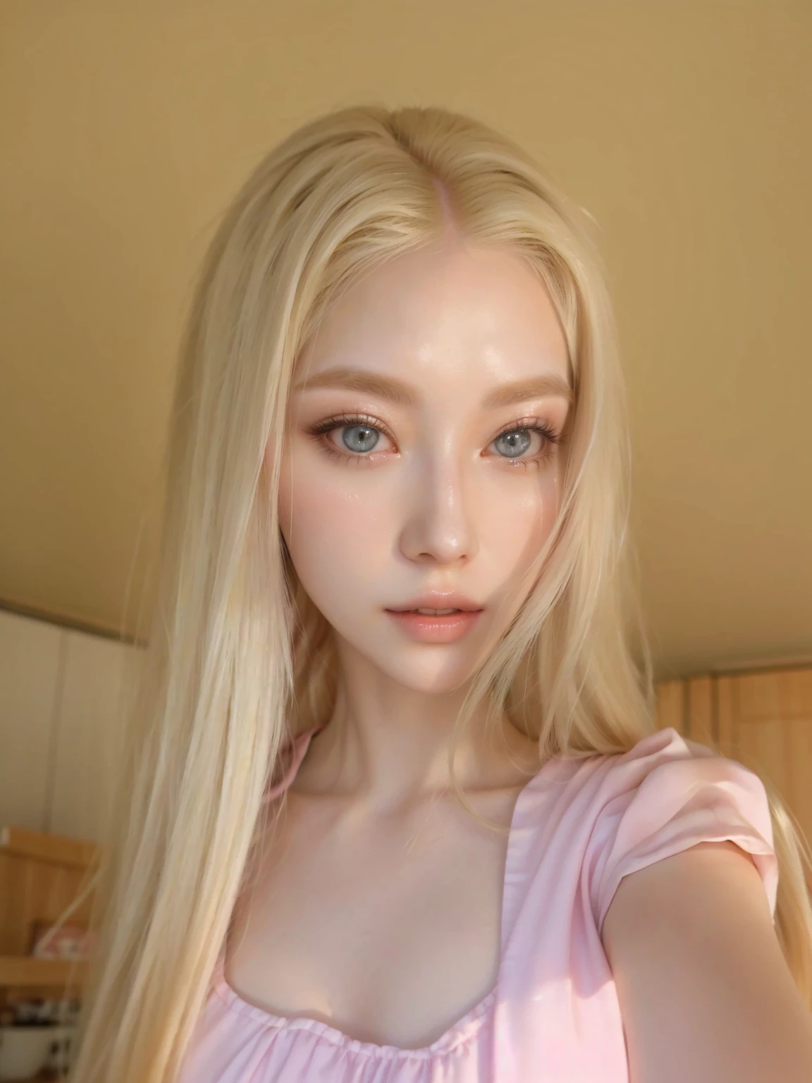 blonde girl with long hair and pink dress taking a selfie, with white long hair, with long white hair, long blonde hair and big eyes, long blonde hair and big eyes, with long blonde hair, korean, maquiagem sul-korean popular, linda mulher sul-korean, pale milky white porcelain skin, maquiagem korean popular, white hime cut hairstyle, extremely light blonde hair