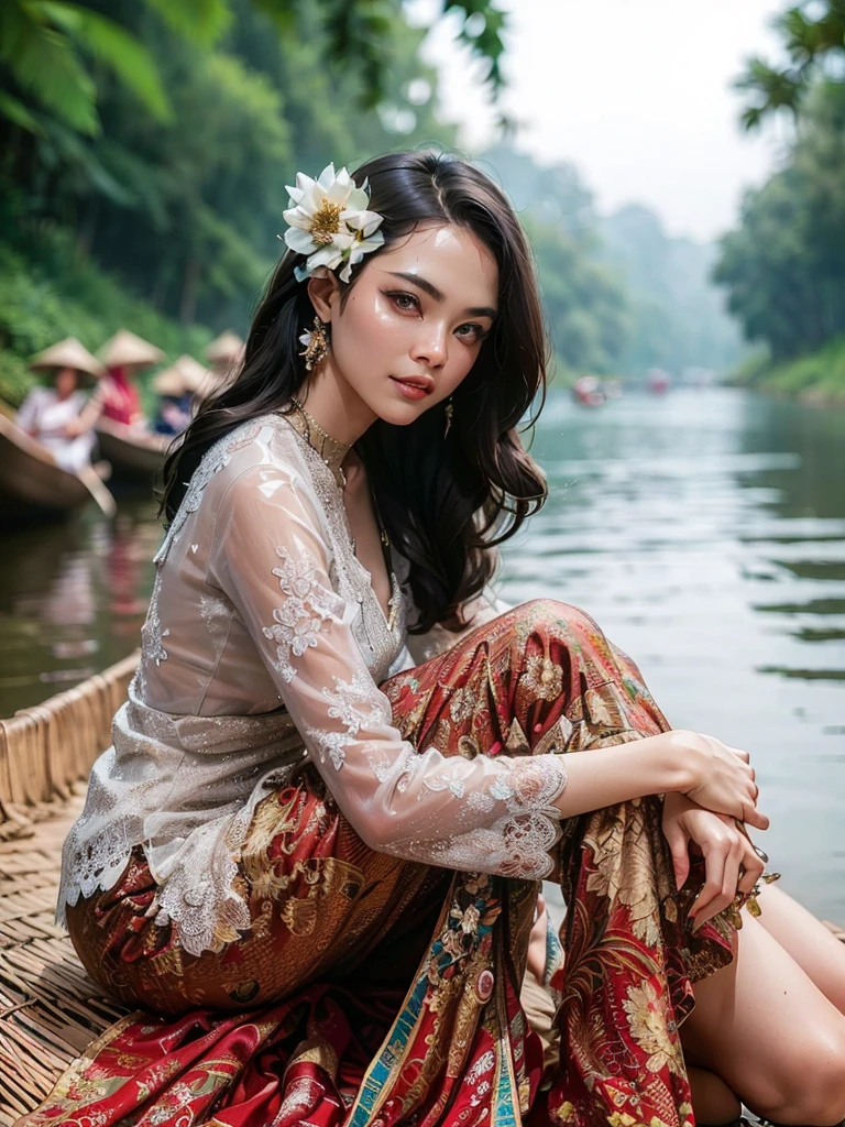 arafed woman sitting on a boat in a river with a flower in her hair, traditional beauty, beautiful oriental woman, vietnamese woman, gorgeous woman, beautiful asian woman, gorgeous lady, beautiful asian girl, sukhothai costume, south east asian with long, dramatic smile pose intricate, asian woman, traditional art, beautiful woman, traditional, an asian woman, traditional clothes, masterpiece, best quality:1.2),,(8k,highres,RAW photo,realistic,photo-realistic:1.3),(detailed skin texture,detailed cloth texture,beautiful detailed face:1.25),professional lighting,photon mapping,beautiful soft light,radiosity,physically-based rendering,raytracing, model shoot style, model shoot style, (extremely detailed CG unity 8k wallpaper), full shot body photo of the most beautiful artwork in the world,