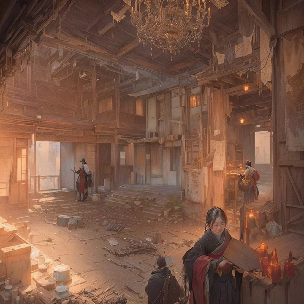 Picture of a room with a chandelier, a table and chairs, Bloodborne concept art, Spooky and nostalgic concept art, post apocalyptic palace interior, A library of Ruina concept art, Concept art Great atmosphere, Highly realistic concept art, Disco Elysium Concept Art, extremely detailed concept art, Beautifully detailed concept art, Painterly concept art, Blazing flames inspired by Andrew Ferres, fire, crowd, throng, freezing, mother warming her baby.Scenery and Cityscape in the Early Meiji Era After the Meiji Restoration, Japan underwent rapid modernization and civilization. Consequently, many changes and reforms occurred. Below is a detailed explanation of the scenery, appearance of the poor, occupations, and cityscapes in the early Meiji period (1868 to the early 1880s). 2. Appearance of the Poor Life for the impoverished and lower classes remained harsh. In particular, in urban areas, people migrated from rural areas or unemployed artisans gathered, intensifying competition in the labor market. Many of them struggled with poverty, often residing in slums or around temples. 3. Occupations Meiji early Japan witnessed a diversification of occupations. Traditional agriculture and handicrafts were accompanied by the rise of modern industry and commerce. Particularly in urban areas, factory workers, shop clerks, and transporters increased, giving rise to new professions. However, many in these occupations endured harsh working conditions. 4. Influence of Civilization and Enlightenment During the Meiji era, Western cultural influences spread rapidly. Changes in clothing, dietary habits, and the proliferation of Western-style architecture advanced, especially in urban areas. Conversely, this development posed a threat to traditional culture and lifestyles, resulting in societal upheaval and adaptation challenges. 5. Social Change and Policy Influence While promoting modernization policies, the government also addressed poverty and social issues. Legislation for labor protection and charitable activities to aid the poor were implemented. Nevertheless, living conditions for the impoverished scarcely improved. The early Meiji period marke