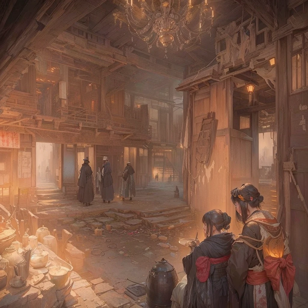 Picture of a room with a chandelier, a table and chairs, Bloodborne concept art, Spooky and nostalgic concept art, post apocalyptic palace interior, A library of Ruina concept art, Concept art Great atmosphere, Highly realistic concept art, Disco Elysium Concept Art, extremely detailed concept art, Beautifully detailed concept art, Painterly concept art, Blazing flames inspired by Andrew Ferres, fire, crowd, throng, freezing, mother warming her baby.Scenery and Cityscape in the Early Meiji Era After the Meiji Restoration, Japan underwent rapid modernization and civilization. Consequently, many changes and reforms occurred. Below is a detailed explanation of the scenery, appearance of the poor, occupations, and cityscapes in the early Meiji period (1868 to the early 1880s). 2. Appearance of the Poor Life for the impoverished and lower classes remained harsh. In particular, in urban areas, people migrated from rural areas or unemployed artisans gathered, intensifying competition in the labor market. Many of them struggled with poverty, often residing in slums or around temples. 3. Occupations Meiji early Japan witnessed a diversification of occupations. Traditional agriculture and handicrafts were accompanied by the rise of modern industry and commerce. Particularly in urban areas, factory workers, shop clerks, and transporters increased, giving rise to new professions. However, many in these occupations endured harsh working conditions. 4. Influence of Civilization and Enlightenment During the Meiji era, Western cultural influences spread rapidly. Changes in clothing, dietary habits, and the proliferation of Western-style architecture advanced, especially in urban areas. Conversely, this development posed a threat to traditional culture and lifestyles, resulting in societal upheaval and adaptation challenges. 5. Social Change and Policy Influence While promoting modernization policies, the government also addressed poverty and social issues. Legislation for labor protection and charitable activities to aid the poor were implemented. Nevertheless, living conditions for the impoverished scarcely improved. The early Meiji period marke