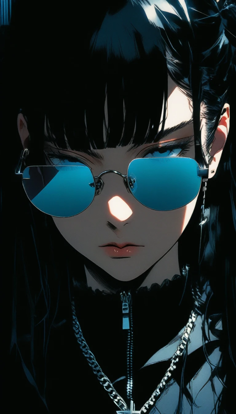Both eyes are blue,Blue Sunglasses,Realistic, Analog Style,, 8mm film, chromatic aberration, DVD Screen Grab, 80s movie, Cinema Lighting, Live Portrait Shooting, Contemporary photography, Dark and intense gothic style, Aesthetics of snapshots, light black, China Punk, thin, Karen Core, Attention to detail, Realisticな影, Move, Movie stills
