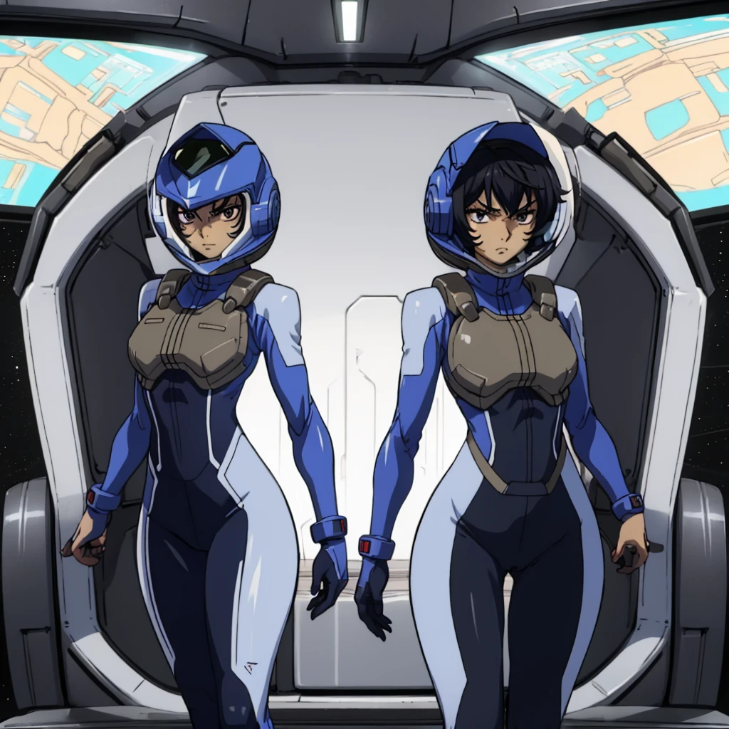closed mouth, (16 years old), 1girl, (((genderbend))), (((female))), wide hips, narrow waist, (space helmet:1.1), 1st pilotsuit, 1st bodysuit, cockpit, monitor, ((anime artstyle)), long eyelashes, black hair