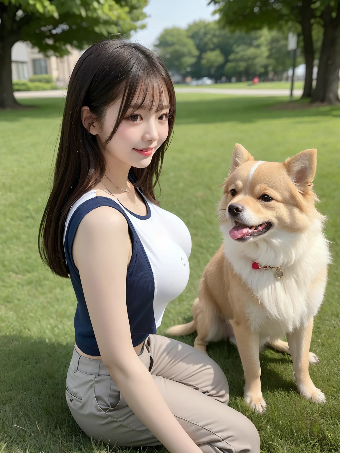 Tabletop, Highest quality, Realistic, In detail, High resolution, 8k wallpaper, Perfect dynamic composition, Beautiful attention to detail, (Biologically correct limbs, refer to, nail), Medium Hair, Shiny Hair, Big ample breasts, Random pose、(Retro color, cute sleeveless t-shirt, cute chino pants)、Cute pumps, (Breast bulge:1.3)、Laughter、(Park scenery、grass), sunny, sitting, a girl, 23 years old, only, (Droopy eyes)、Adult Beauty、Japanese women、(Walking with the dog, a dog, Pomeranian, Small dogs), looking at the dog, side view,