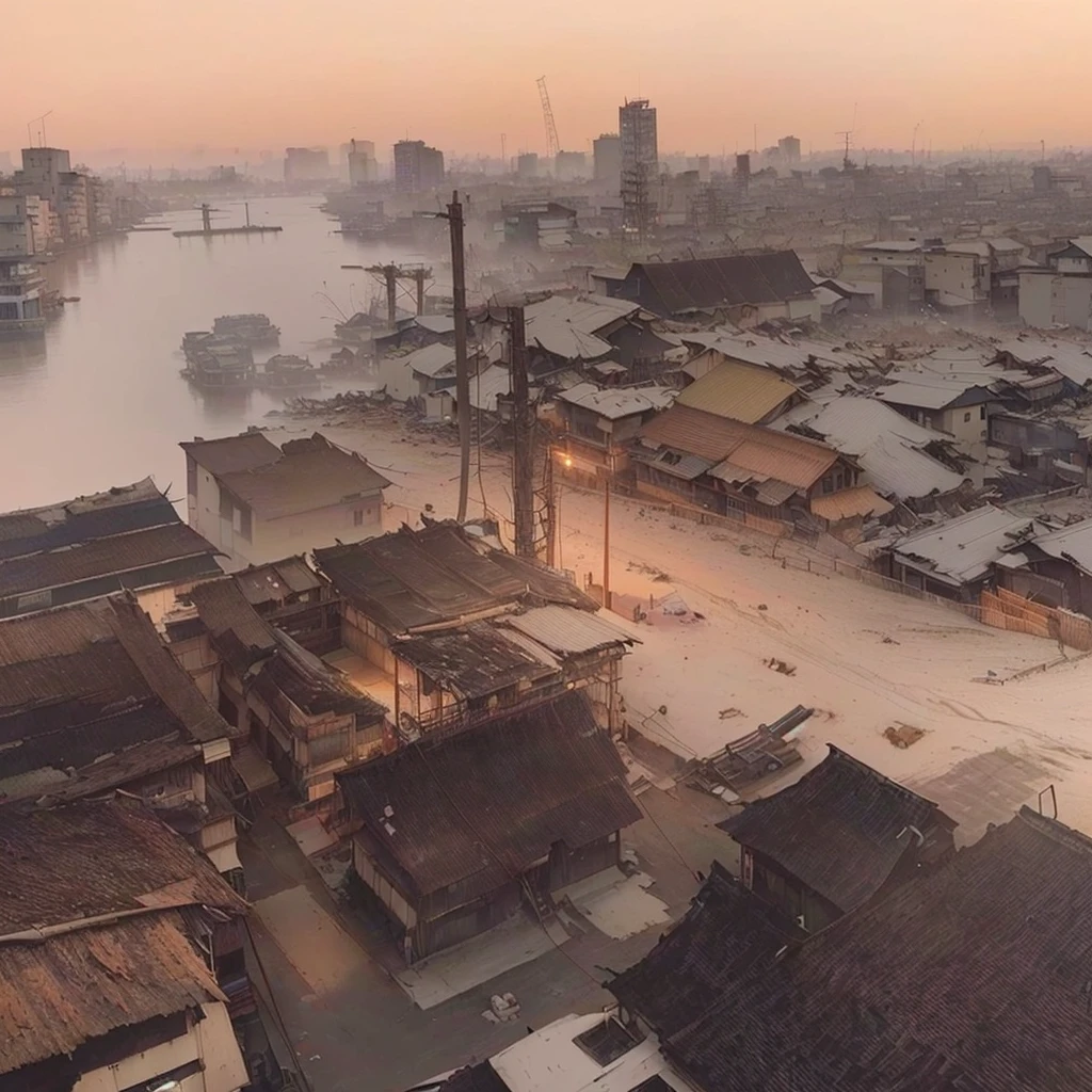 There is a picture of the city with a lot of buildings, Post-apocalyptic city, Post-apocalyptic regions, Post-apocalyptic perspective, Dusty environment, Post-apocalyptic wasteland, Post-apocalyptic Tokyo, Post-apocalyptic city, A destroyed city in the background, Post-apocalyptic cityで, Post-apocalyptic atmosphere, Post-apocalyptic wasteland, The city is a pure wasteland, Blazing flames in post-apocalyptic hellscape, fire, crowd, throng, freezing, mother warming her baby.Scenery and Cityscape in the Early Meiji Era After the Meiji Restoration, Japan underwent rapid modernization and civilization. Consequently, many changes and reforms occurred. Below is a detailed explanation of the scenery, appearance of the poor, occupations, and cityscapes in the early Meiji period (1868 to the early 1880s). 2. Appearance of the Poor Life for the impoverished and lower classes remained harsh. In particular, in urban areas, people migrated from rural areas or unemployed artisans gathered, intensifying competition in the labor market. Many of them struggled with poverty, often residing in slums or around temples. 3. Occupations Meiji early Japan witnessed a diversification of occupations. Traditional agriculture and handicrafts were accompanied by the rise of modern industry and commerce. Particularly in urban areas, factory workers, shop clerks, and transporters increased, giving rise to new professions. However, many in these occupations endured harsh working conditions. 4. Influence of Civilization and Enlightenment During the Meiji era, Western cultural influences spread rapidly. Changes in clothing, dietary habits, and the proliferation of Western-style architecture advanced, especially in urban areas. Conversely, this development posed a threat to traditional culture and lifestyles, resulting in societal upheaval and adaptation challenges. 5. Social Change and Policy Influence While promoting modernization policies, the government also addressed poverty and social issues. Legislation for labor protection and charitable activities to aid the poor were implemented. Nevertheless, living conditions for the impoverished scarcely improved. The early Meiji period marked a rapid transformation in Japan, with complex social landscapes involving