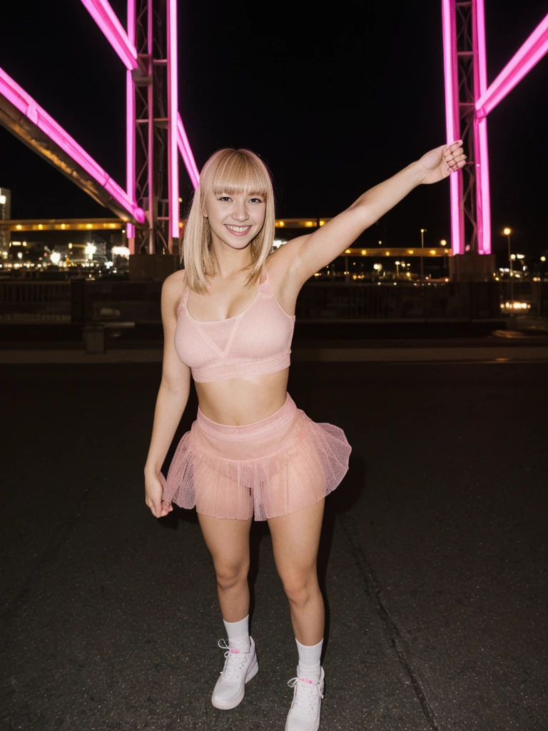 her name is Alliyah, high quality, 1girl, ((20-year-old fit Caucasian woman)), ((20 years old)), ((fit)), ((blonde with bangs)), pose: standing, wearing stylish pink mesh, BACKGROUND: outdoor at night, ugly smiling, POSE: standing