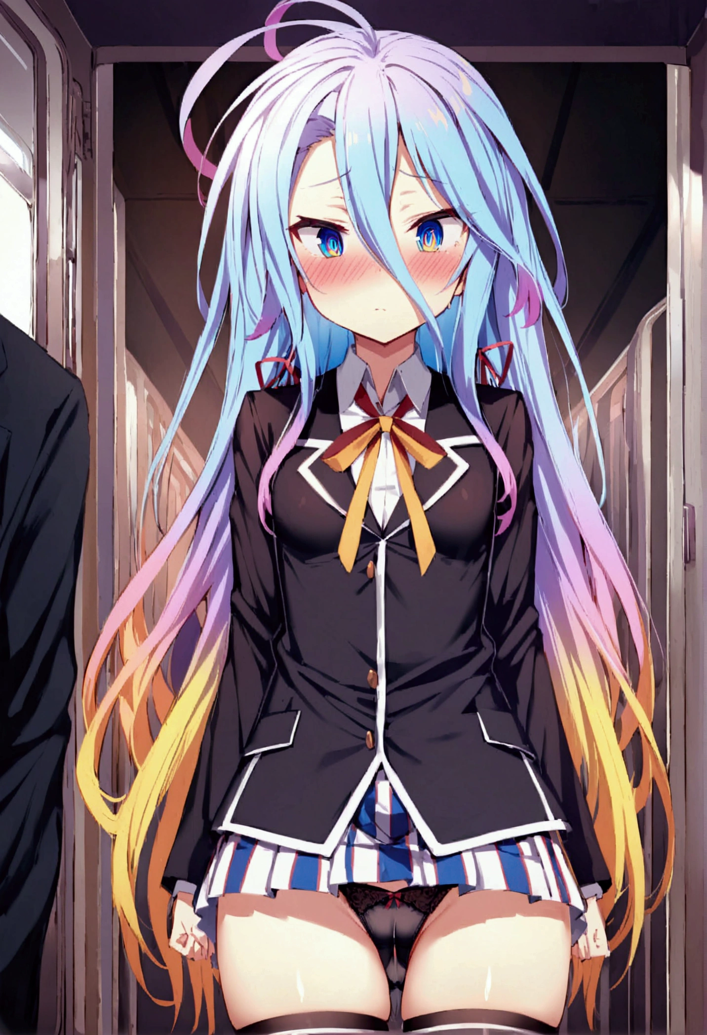 Browsing Caution,masterpiece,Highest quality,High resolution,Very detailed,Shiro \(no game No life\),Long Hair,Multicolored Hair,Hair between the eyes,Gradient Hair,Flat Chest,blue eyes, uniform,mini skirt,High quality lace open crotch panties,Small breasts,Dissatisfied face,Embarrassing,blush,Inside the train,(Middle-aged men),sexual harassment,Molester