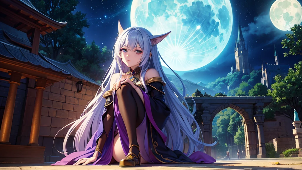 high quality、8k、Arabic style portrait of a woman sitting on a bench in front of a castle, night、full moon、Gwaise Style、neon、Beautiful fantasy anime, Detailed fantasy digital animation, Fantasy anime style, epic Fantasy anime style hd, Detailed fantasy anime, Beautiful and elegant elven queen, 2. 5d cgi anime fantasy artwork, Epic fantasy digital art style, Fantasy-style anime, Very beautiful fantasy art、16：9

