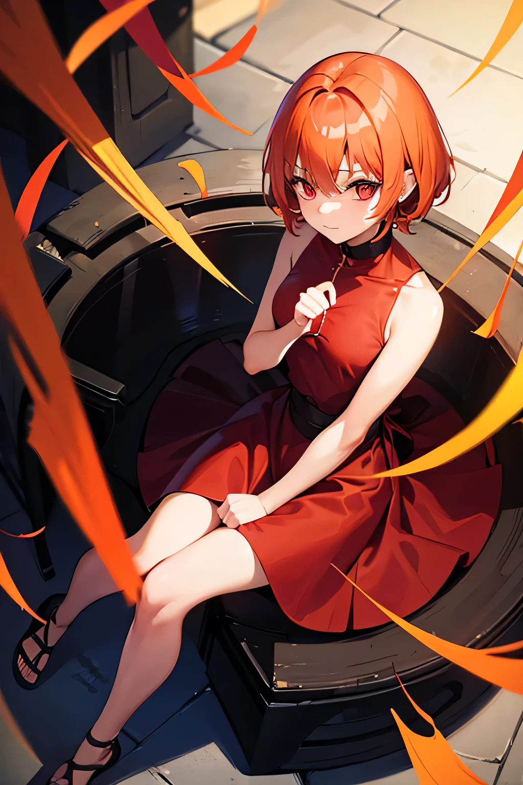 1 woman, orange hair, red eyes, dress, (alone:1.3),