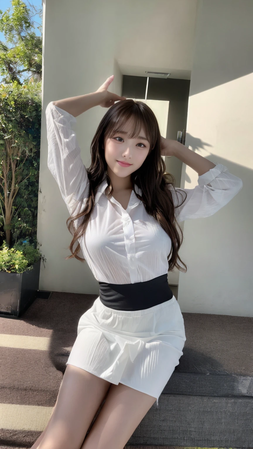 (highest quality、table top、8K、best image quality、Award-winning work)、one university girl, 22 years old, (alone:1.1), perfect beautiful composition, ((Full body:1.3)), (natural big breasts that are about to burst:1.2), (emphasize body line:1.1), slender body, ((perfect and accurate white polyester shirt:1.3)), (black pleated skirt:1.1) look at me and smile, (Beautiful park background with strong blur:1.1), The most natural and perfect beauty park、perfectly maintained park, ((random sexy pose:1.3)), natural makeup, Ultra high definition beauty face, ultra high definition hair, Super high-definition sparkling eyes, (Super high resolution glossy skin:1.1), Super high resolution glossy lips, accurate anatomy, (very bright and vivid:1.1), (dark brown wavy long hair), Ultra High Detail Body, ultra high detail hands