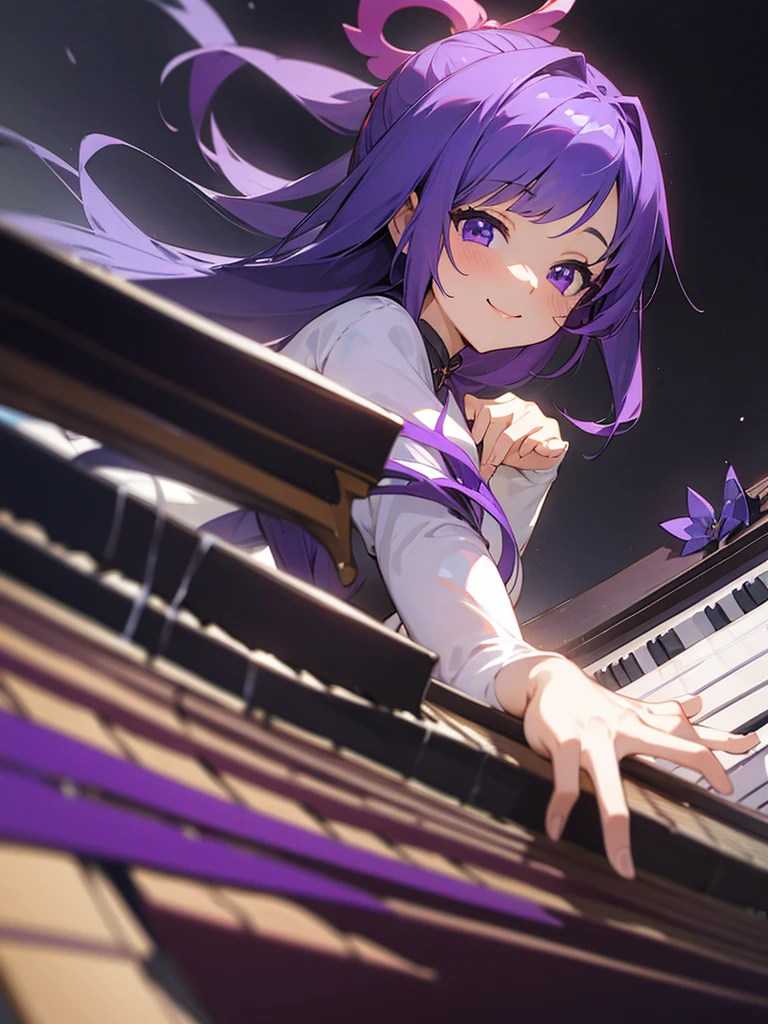 masterpiece、最高masterpiece、anime、Purple Hair、Purple eyes、 girl、smile、Grand piano🎹、She&#39;s wearing cute silver earrings、Upper Body、profile、Sitting in a chair、Playing with both hands