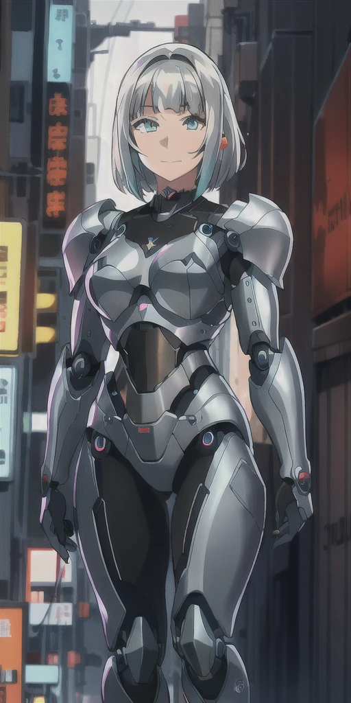 Anna nishikinomiya with the same body as a woman but only with armor that covers her entire body, has a (robotic armor) turned into a Cyborg, of the shoulders and torso, and robotic legs without garments or clothing only Cyborg armor, in a raining alley of a cyberpunk city, absurdities, high resolution, ultra detailed, (1 girl:1.8), BREAK,
high technology, dystopia, Cyborgs, broken capitalism, inequality, oppression REST,
vibrant colors, neon lightning, Modern Art 