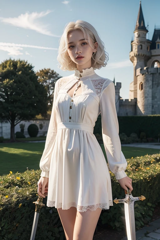 18 year old girl, Lovely, white hair, very short, Very curly, slim, flat bust, with freckles on the face, with slavic features, with long sleeve dress, yellow, whole body, shows her legs, in the castle garden, at night, holding a sword in his hand.