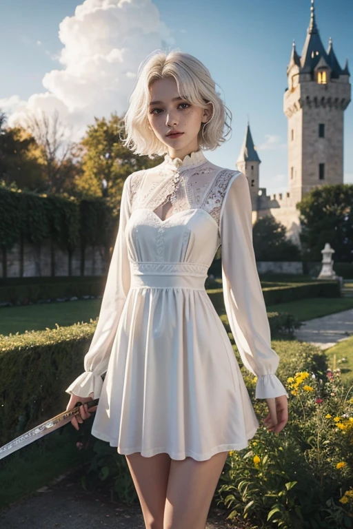15 year old girl, , slim, flat chest, short white hair, extremely curly, perfect face, victorian short dress, long sleeve, to the neck, showing her legs, holds a short sword with both hands. falling leaves in the wind