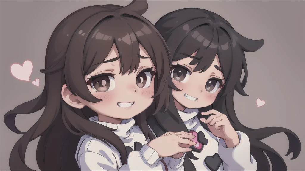 female, 1girl,solo, looking at you, ((smirk:1.0)), evil grin, hearts, blush, pixelated, ((pixel:0.9)), nervous, yandere, front face, (best-quality:0.8), (best-quality:0.8), solo, shaded face, hands together, no makeup, perfect anime illustration, dark brown hair, brown hair, short hair, messy hair, anime girl, tired eyes, white turtleneck, ((bangs over one eye:1.1)), hair covering one eye, long sleeves, brown eyes, (perfect eyes), teenager, (best quality,4k,k,highres,masterpiece:1.2), perfect color tones, dark lighting