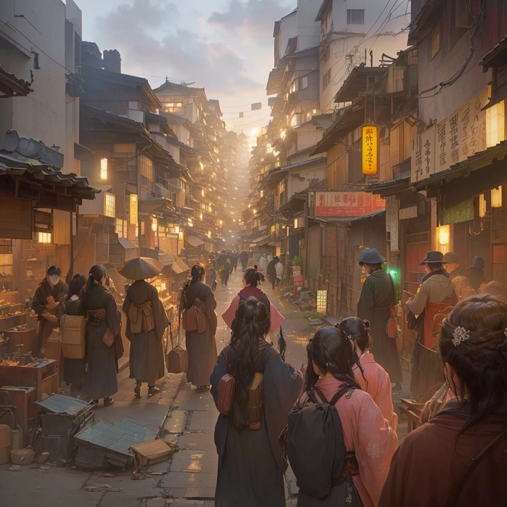 Many people walk along the crowded streets at night, Cyberpunk Market, Cinematic. Ren Jun, Bayard Wu, City Concept Art, by Han Gan, Luan Jia, Dreamy city in China, Inspired by Carl Spitzweg, Highly realistic concept art, イスマイル・インチェオグルとLuan Jia, Old Japanese street market, Beautiful concept art Blazing flames, fire, crowd, throng, freezing, mother warming her baby.Scenery and Cityscape in the Early Meiji Era After the Meiji Restoration, Japan underwent rapid modernization and civilization. Consequently, many changes and reforms occurred. Below is a detailed explanation of the scenery, appearance of the poor, occupations, and cityscapes in the early Meiji period (1868 to the early 1880s). 2. Appearance of the Poor Life for the impoverished and lower classes remained harsh. In particular, in urban areas, people migrated from rural areas or unemployed artisans gathered, intensifying competition in the labor market. Many of them struggled with poverty, often residing in slums or around temples. 3. Occupations Meiji early Japan witnessed a diversification of occupations. Traditional agriculture and handicrafts were accompanied by the rise of modern industry and commerce. Particularly in urban areas, factory workers, shop clerks, and transporters increased, giving rise to new professions. However, many in these occupations endured harsh working conditions. 4. Influence of Civilization and Enlightenment During the Meiji era, Western cultural influences spread rapidly. Changes in clothing, dietary habits, and the proliferation of Western-style architecture advanced, especially in urban areas. Conversely, this development posed a threat to traditional culture and lifestyles, resulting in societal upheaval and adaptation challenges. 5. Social Change and Policy Influence While promoting modernization policies, the government also addressed poverty and social issues. Legislation for labor protection and charitable activities to aid the poor were implemented. Nevertheless, living conditions for the impoverished scarcely improved. The early Meiji period marked a rapid transformation in Jap