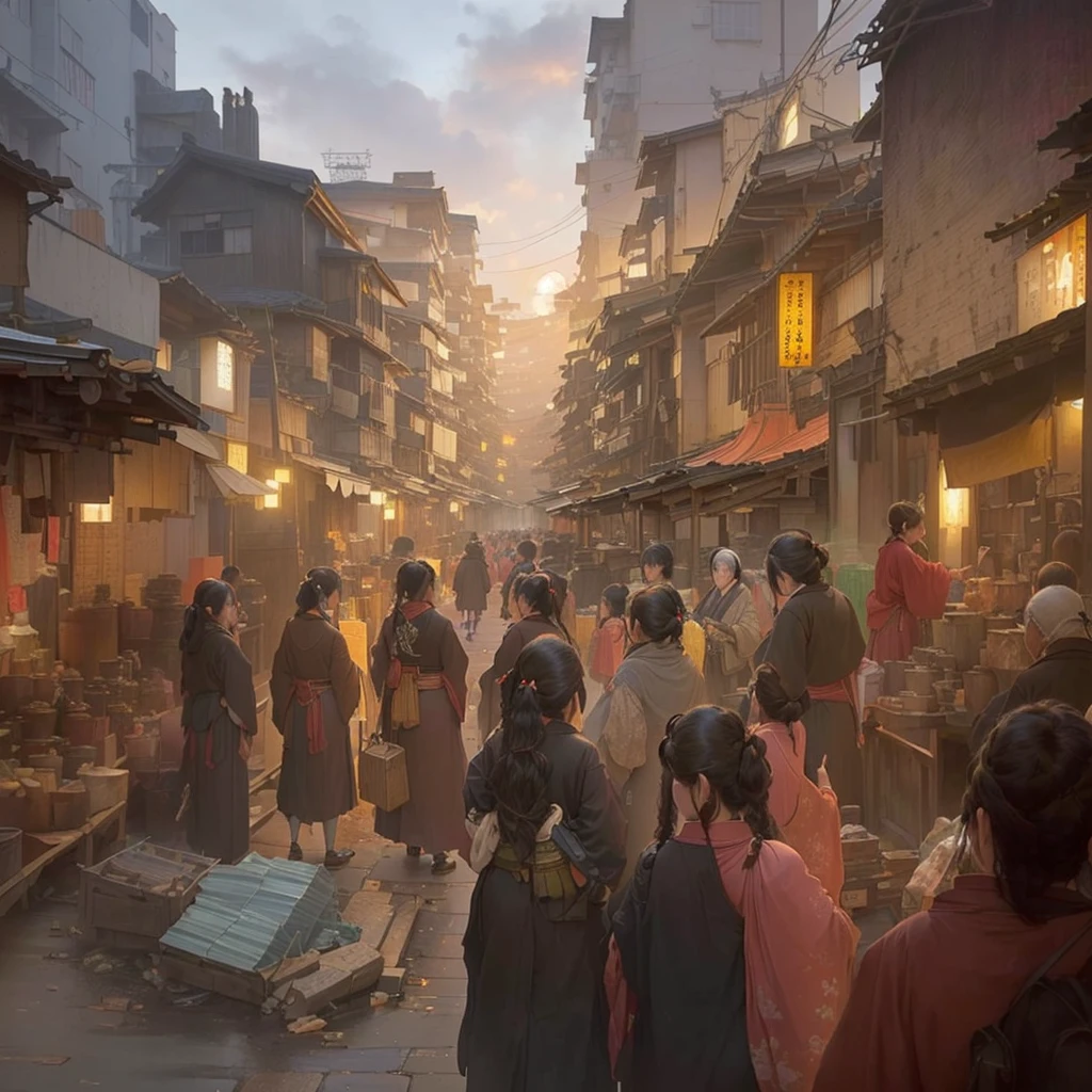Many people walk along the crowded streets at night, Cyberpunk Market, Cinematic. Ren Jun, Bayard Wu, City Concept Art, by Han Gan, Luan Jia, Dreamy city in China, Inspired by Carl Spitzweg, Highly realistic concept art, イスマイル・インチェオグルとLuan Jia, Old Japanese street market, Beautiful concept art Blazing flames, fire, crowd, throng, freezing, mother warming her baby.Scenery and Cityscape in the Early Meiji Era After the Meiji Restoration, Japan underwent rapid modernization and civilization. Consequently, many changes and reforms occurred. Below is a detailed explanation of the scenery, appearance of the poor, occupations, and cityscapes in the early Meiji period (1868 to the early 1880s). 2. Appearance of the Poor Life for the impoverished and lower classes remained harsh. In particular, in urban areas, people migrated from rural areas or unemployed artisans gathered, intensifying competition in the labor market. Many of them struggled with poverty, often residing in slums or around temples. 3. Occupations Meiji early Japan witnessed a diversification of occupations. Traditional agriculture and handicrafts were accompanied by the rise of modern industry and commerce. Particularly in urban areas, factory workers, shop clerks, and transporters increased, giving rise to new professions. However, many in these occupations endured harsh working conditions. 4. Influence of Civilization and Enlightenment During the Meiji era, Western cultural influences spread rapidly. Changes in clothing, dietary habits, and the proliferation of Western-style architecture advanced, especially in urban areas. Conversely, this development posed a threat to traditional culture and lifestyles, resulting in societal upheaval and adaptation challenges. 5. Social Change and Policy Influence While promoting modernization policies, the government also addressed poverty and social issues. Legislation for labor protection and charitable activities to aid the poor were implemented. Nevertheless, living conditions for the impoverished scarcely improved. The early Meiji period marked a rapid transformation in Jap