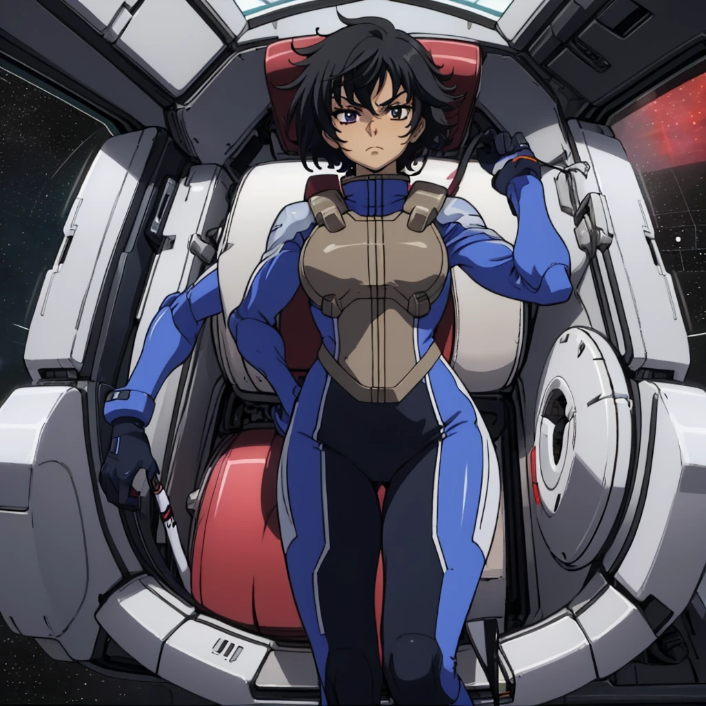 closed mouth, (), 1girl, (((genderbend))), (((female))), wide hips, narrow waist, (space helmet:1.1), 1st pilotsuit, 1st bodysuit, cockpit, monitor, ((anime artstyle)), long eyelashes, black hair