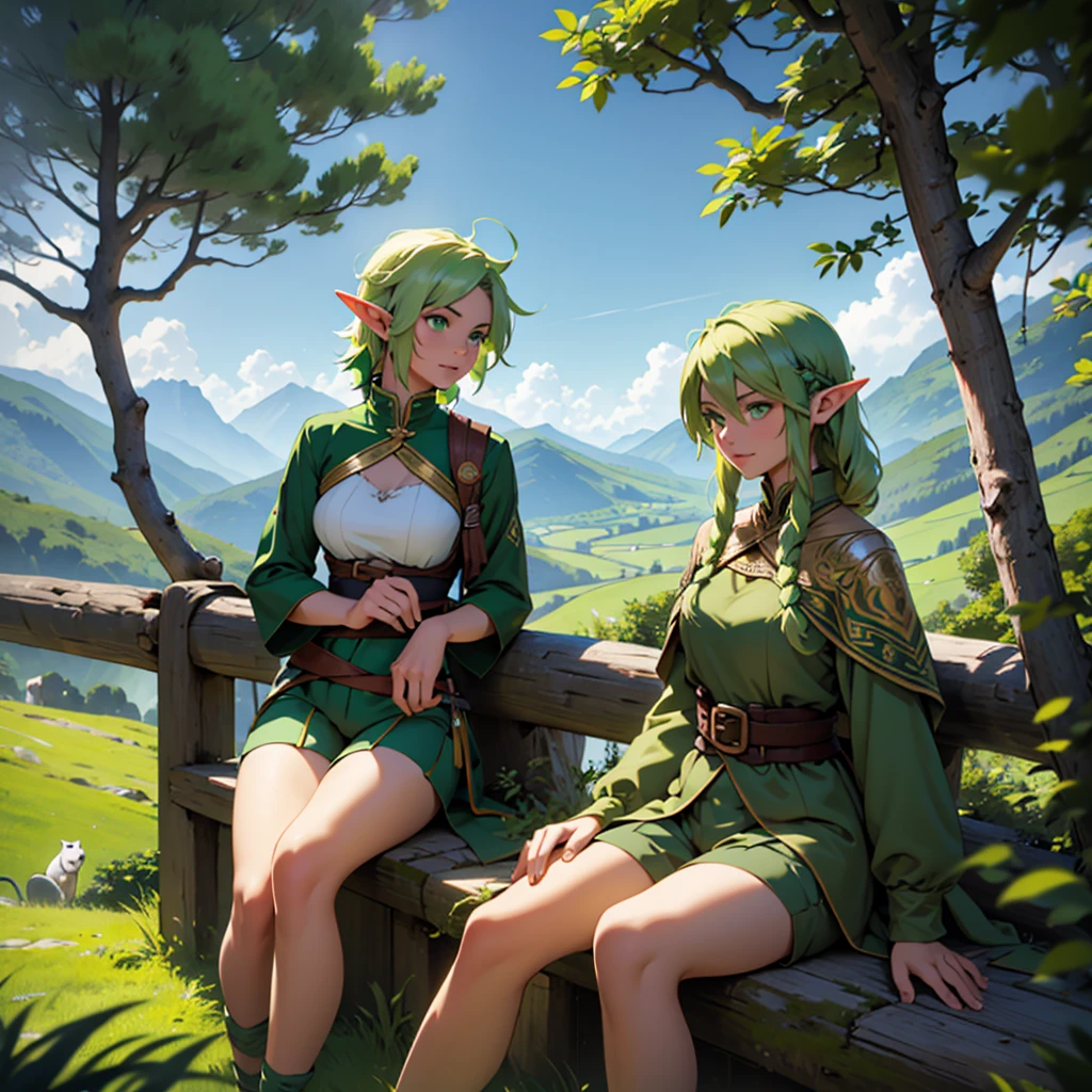 make a 31 year old girl elf with green hair and green eyes wearing a green archer outfit with shorts sitting on a mountain peak looking out to sea with various trees and animals by her side 