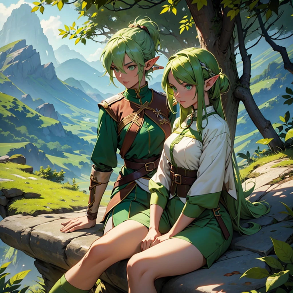 make a 31 year old girl elf with green hair and green eyes wearing a green archer outfit with shorts sitting on a mountain peak looking out to sea with various trees and animals by her side 