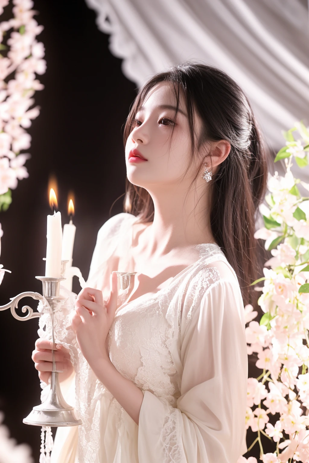 there is a woman that is holding a candle in her hand, ethereal lighting - h 0, sha xi, high res, captured on canon eos r 6, inspired by Huang Ji, yun ling, in a room full of candles, lu ji, heonhwa choe, candle lighting, soft ethereal lighting, ethereal beauty, with ethereal light, ethereal!!!!!!!