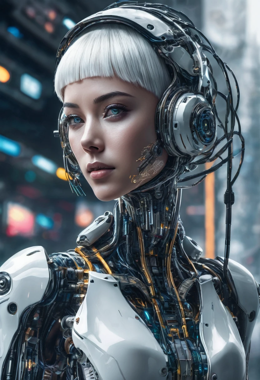 A BIG BOOTY futuristic female android with a white bob haircut, looking melancholic. Her face is a blend of human and machine, with visible mechanical components and synthetic skin. She has tears running down her face, emphasizing a sense of sorrow or emotional depth. Her neck and shoulders are intricately designed with exposed circuits and machinery, showcasing advanced technology. The background is minimalist with faint lines and circuit patterns, highlighting the sci-fi theme."