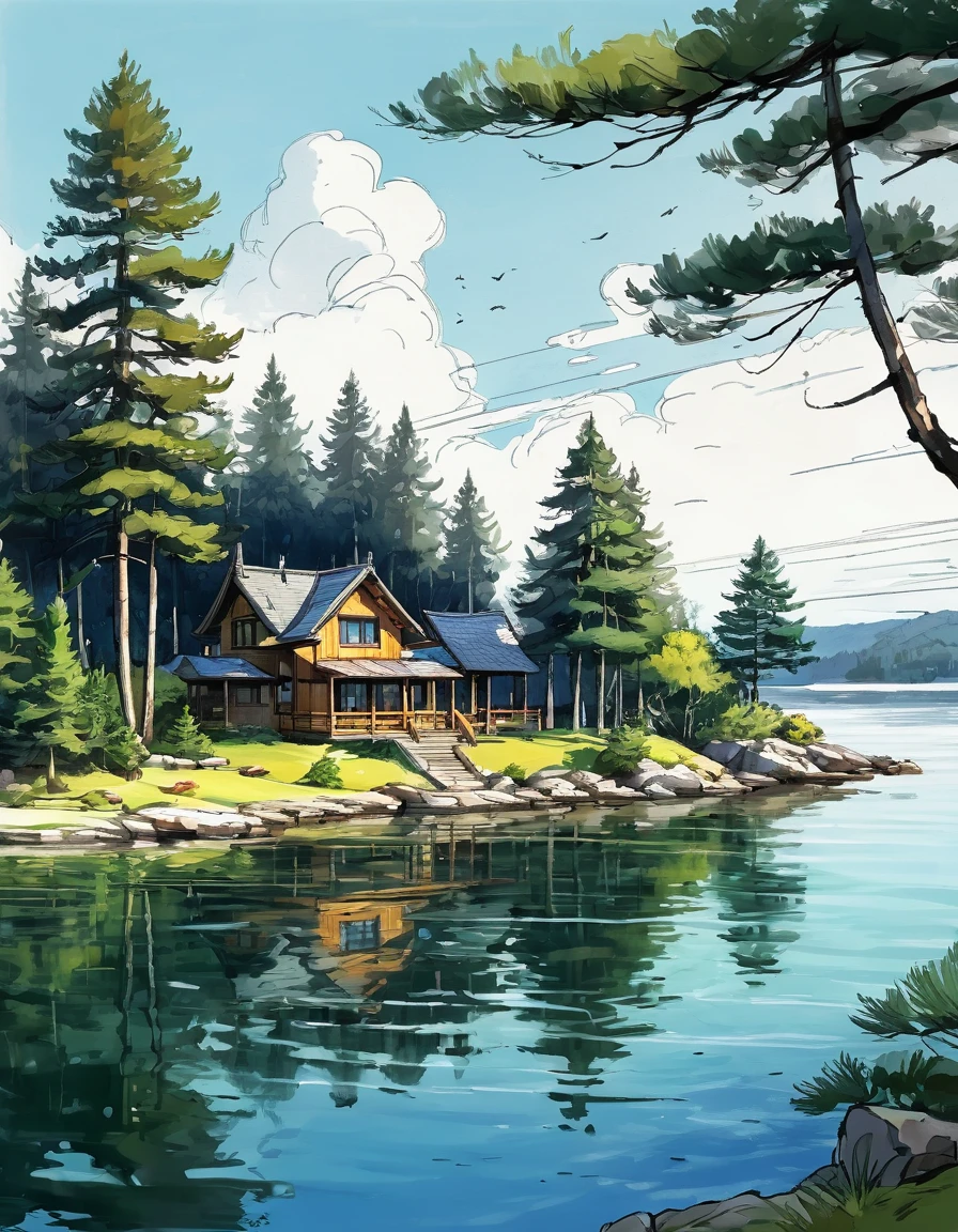 landscape.
an island with pine trees and a lake house.
It's picturesque. sketch.
broad strokes. Alya Prima. spectacular foreshortening. real cinematography. John Park's drawing style + Jeff Wu's drawing style + Alberto Mielgo's drawing style.