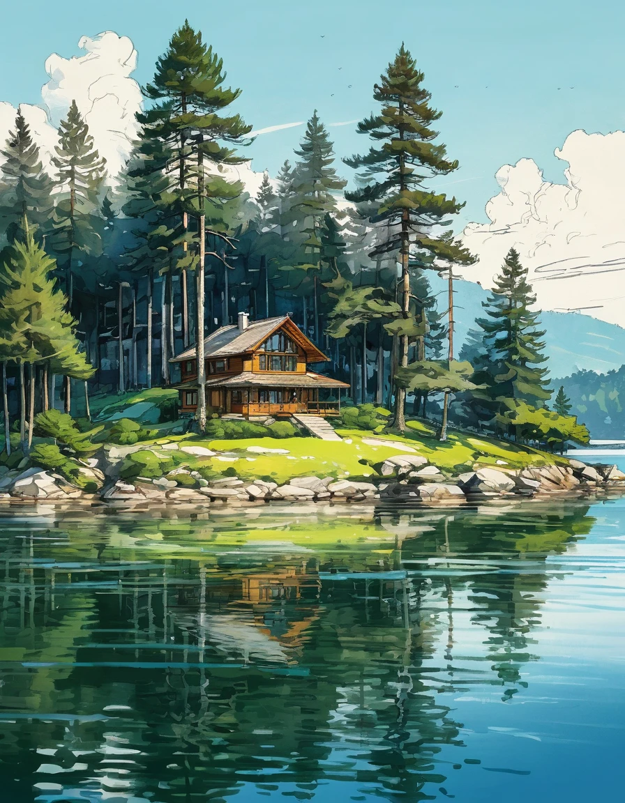 landscape.
an island with pine trees and a lake house.
It's picturesque. sketch.
broad strokes. Alya Prima. spectacular foreshortening. real cinematography. John Park's drawing style + Jeff Wu's drawing style + Alberto Mielgo's drawing style.