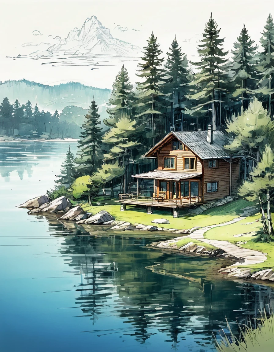landscape.
an island with pine trees and a lake house.
It's picturesque. sketch.
broad strokes. Alya Prima. spectacular foreshortening. real cinematography. John Park's drawing style + Jeff Wu's drawing style + Alberto Mielgo's drawing style.