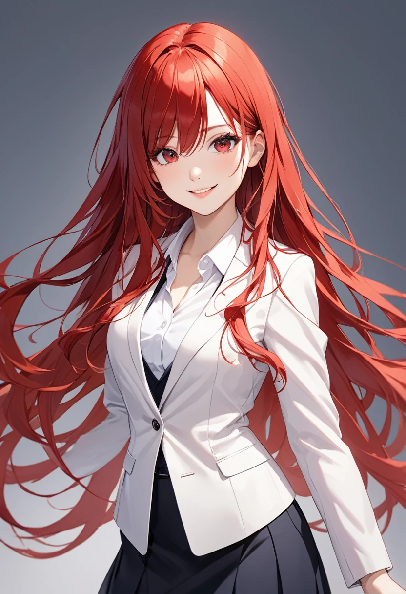 long redhead hair, loose hair, wearing formal business clothes, a short skirt, looking at the camera, smiling, eyes large, Eyes red