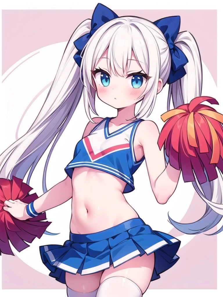 1girl, masterpiece, best quality, perfect hands, very long hair, white hair, white thighhighs, navel, midriff, bare arms, shoulder cutout, bare shoulders, off shoulder, twintails, hair bow, very short skirt, cheerleader, cheergirl, blush