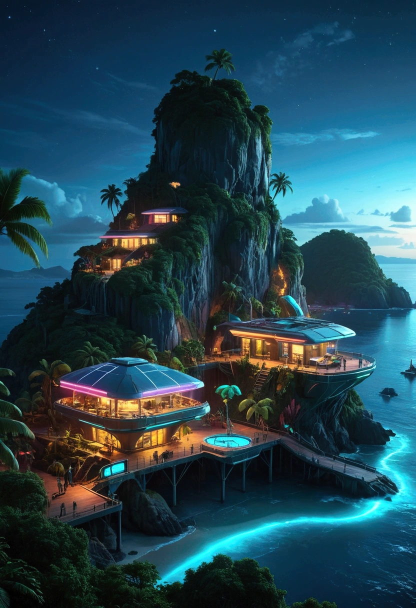 a tropical island, neon glow, bio-mechanical animals, bioluminescent fruits, island at night, coastal view, cinematic lighting, vibrant colors, futuristic, concept art, ultra-detailed, 8k, photorealistic, professional, masterpiece
