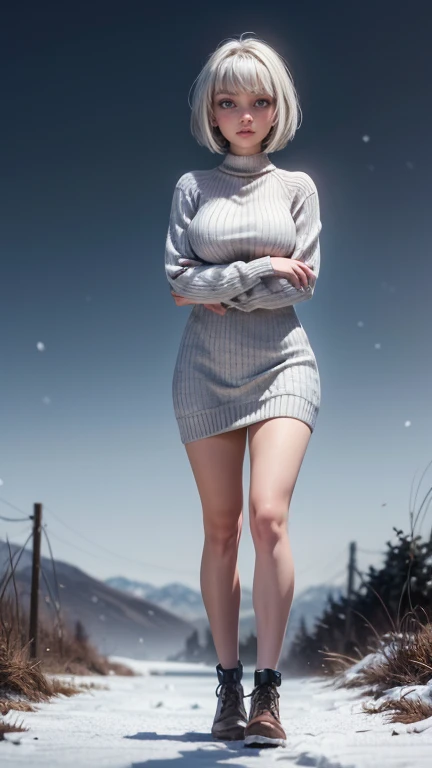 A 28 year old An English white woman putting with her blue dazzling eyes, (((full body view))), tattoo on thighs, she is has a fairly puffed figure. She has white-grey hair , she has short bob hair and large eyes, (masterpiece, Highest Quality), (Qi bangs), (Pale blue pupils), Wearing a thigh high cable-knit sweater dress, perfect thighs, SNOW, looking at viewer, simple background, superior quality, many details, Pure focus Sharp and realistic