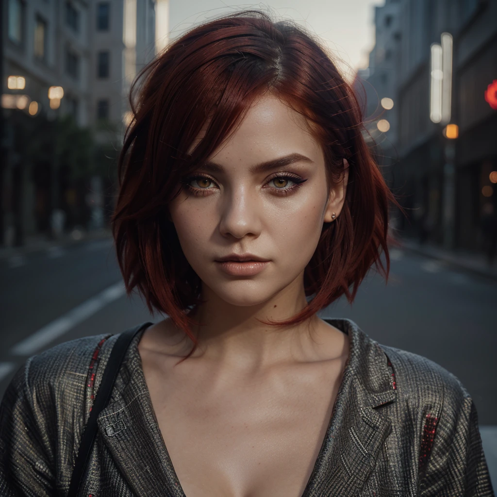 beautiful girl, half body portrait, short bright red disheveled hair, black eyeshadow, (street style wear:1.2), (city background:1.2), dark makeup, digital art, trending on artstation, highly detailed, fine detail, intricate, beautiful detailed glow, detailed, Cinematic light, highres, detailed facial features,sharp focus, smooth, aesthetic,